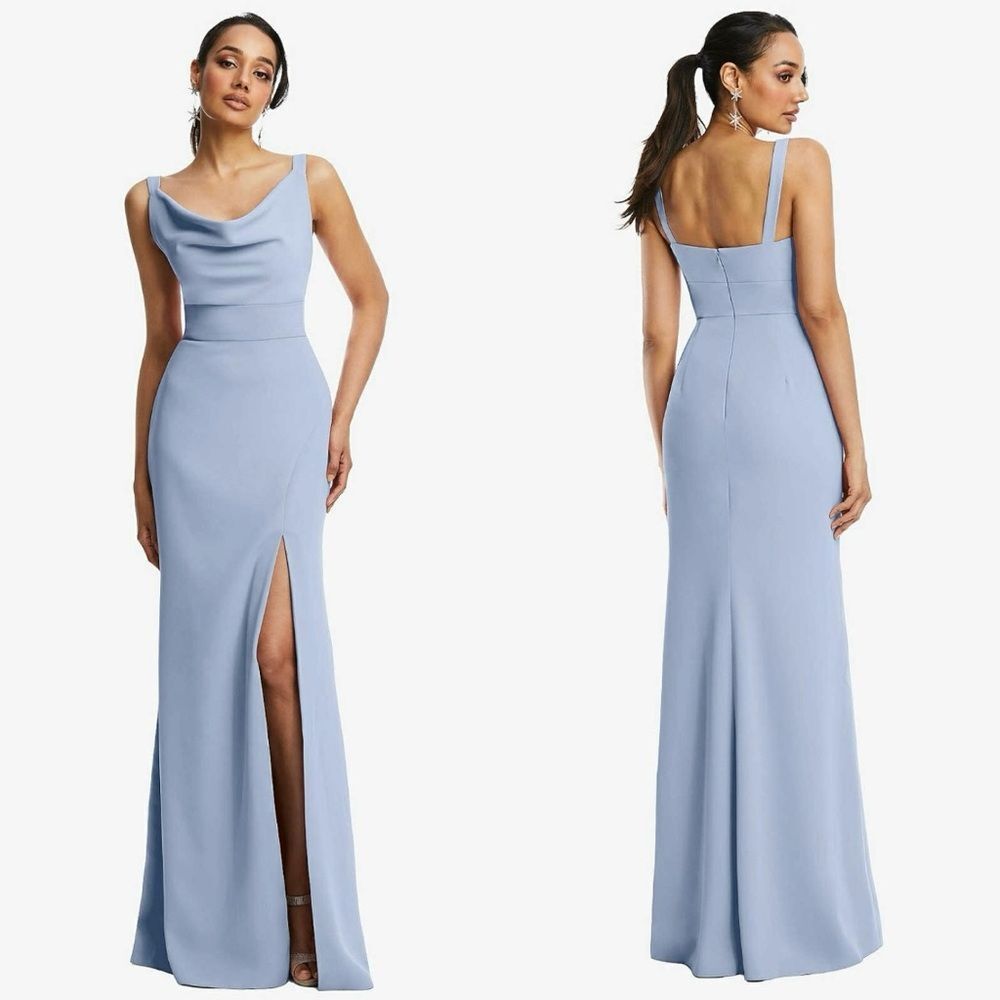 THREAD Gracie Cowl Neck Gown Size 14 Sky Blue Crepe Side Slit Formal Wedding 90s